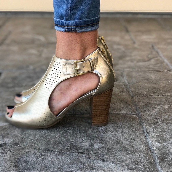 Metallic Gold Perforated Block Heel Peep Toe Boots - Picture 5 of 7